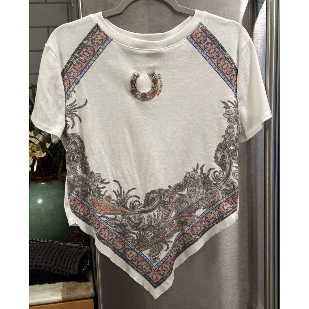 Sterling & Stitch Bandana Style Tee Pointed Hem Western Boutique White Multi XL
